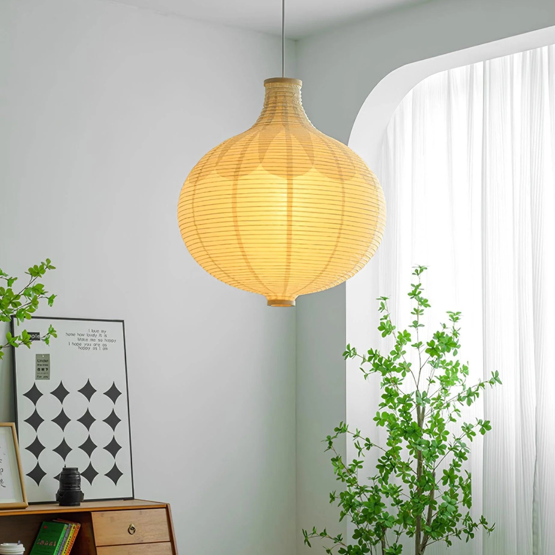 Handmade Washi Paper Pendant Lamp - Japanese Style Rice Paper Hanging Light for Living Room, Bedroom & Dining Room Decor