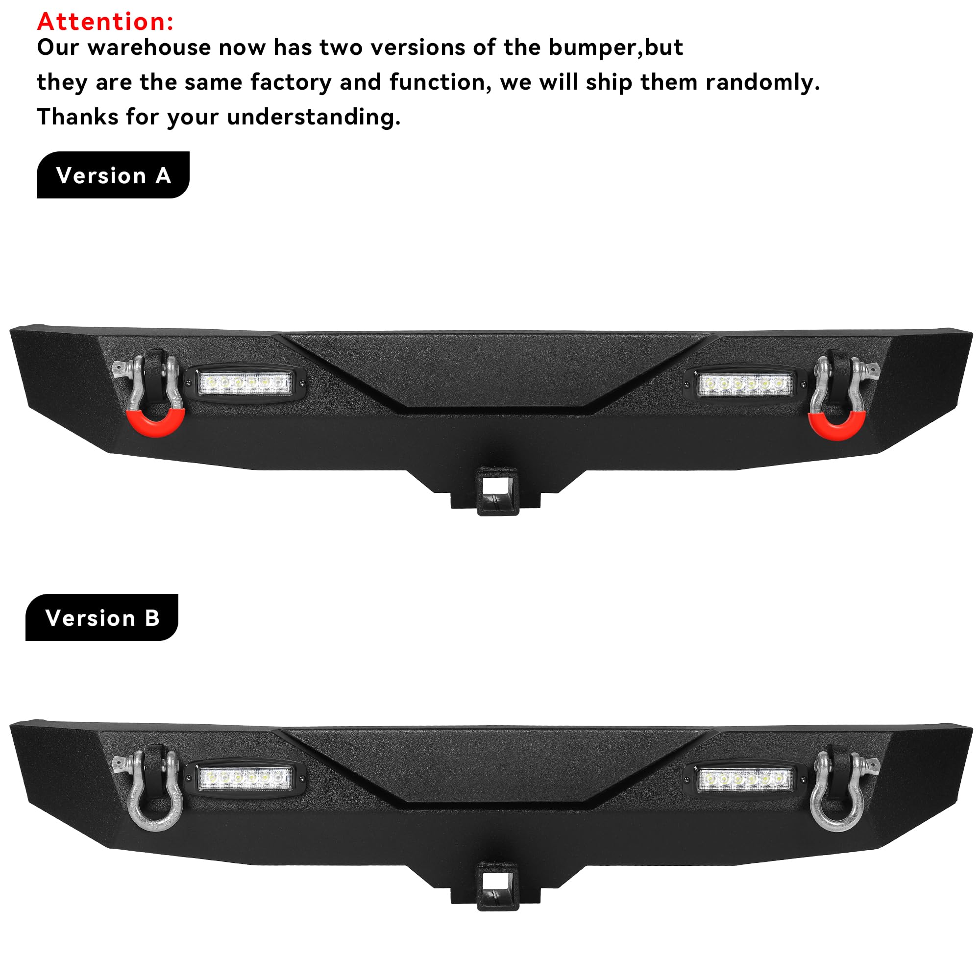 YITAMOTOR Black Rear Bumper with LED Lights, Hitch Receiver & D-Rings for 2018-2025 Jeep Wrangler JL & Unlimited | Off-Road Protection & Towing Accessories
