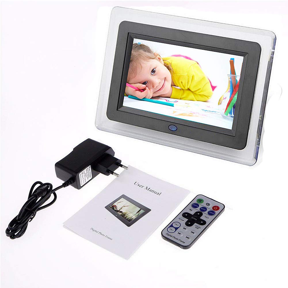 7 Inch Digital Photo Frame with USB Port - HD Widescreen 16:9 Display, Supports MP3/MP4 Videos, Alarm Clock & Calendar - Includes Remote Control (White, EU Plug) - Perfect for Home Decor, Office Display & Thoughtful Gifts