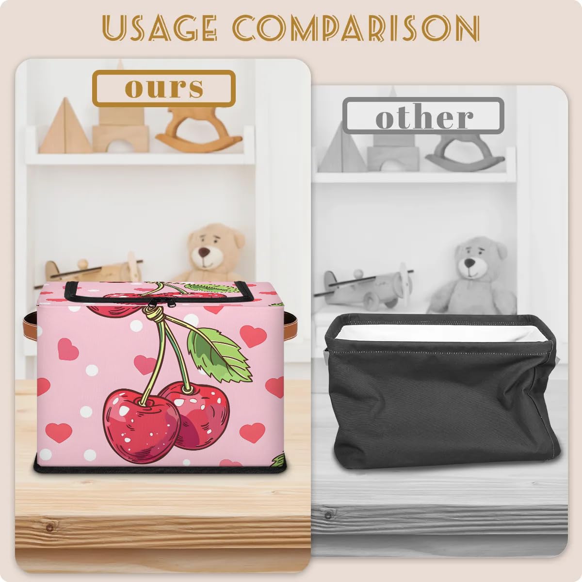 2-Pack Stackable Cherry Heart Storage Bins with Zipper Lid & Metal Frame - PU Handled Closet Organizer Cubes for Clothes, Toys, or Seasonal Items | Perfect for Bedroom, Closet & Nursery Organization