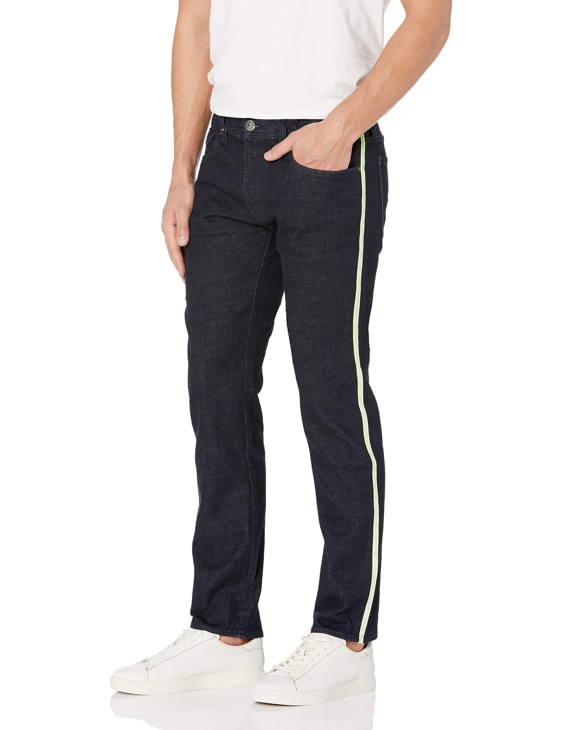 ARMANI EXCHANGE Men's Slim Fit Dark Wash Jeans with Neon Logo Taping | Stylish Designer Denim for Casual & Night Out | Perfect for Date Nights, Parties & Urban Streetwear