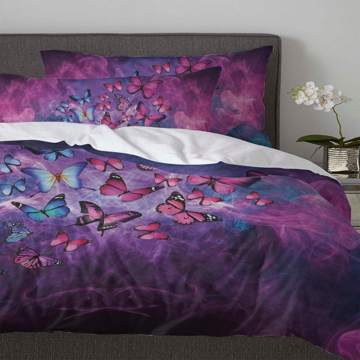 3 Piece California King Bedding Set - Purple Butterflies Abstract Art Duvet Cover with Zipper Closure for Kids, Teens & Adults | Soft & Cozy Comforter Set for Bedroom Decor, Guest Room & Dorm Essentials