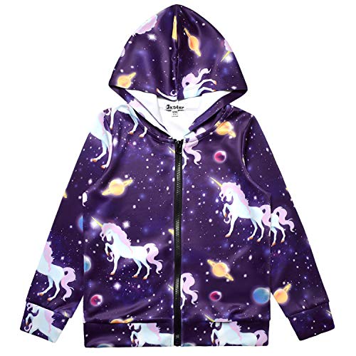 Girls Zip Up Hoodie Jacket - Cute Unicorn & Cat Print Pullover Sweatshirt with Kangaroo Pockets | Warm Fleece Lined Outerwear for School, Playdates & Outdoor Activities