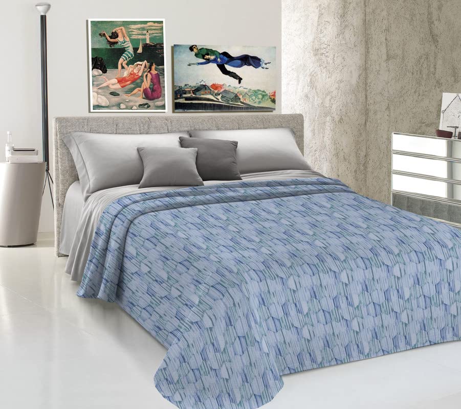 HomeLife Single & Half Size Summer Cotton Piqué Bedspread [220 x 280 cm] | Italian-Made Lightweight Spring Cotton Blanket for French Beds | Hexagon Print Bed Cover in Blue | Perfect for Guest Rooms, Dormitories & Summer Nights