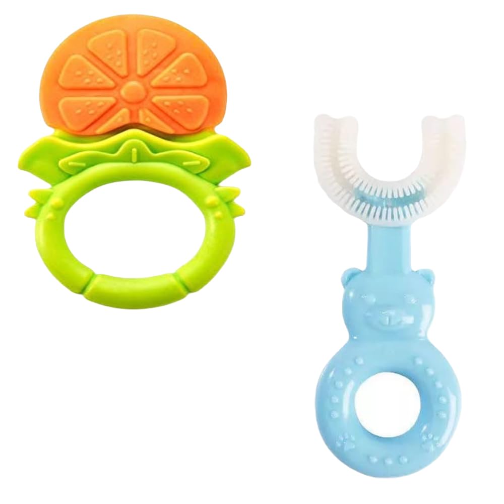 Kritiu Baby Teether and U-Shaped Toothbrush Set - BPA-Free Silicone Teething Toys for Infants 0-12 Months - Safe Chewable Toothbrush for Soothing Sore Gums - Perfect for Home, Travel & Daycare Use (Yellow & Blue)