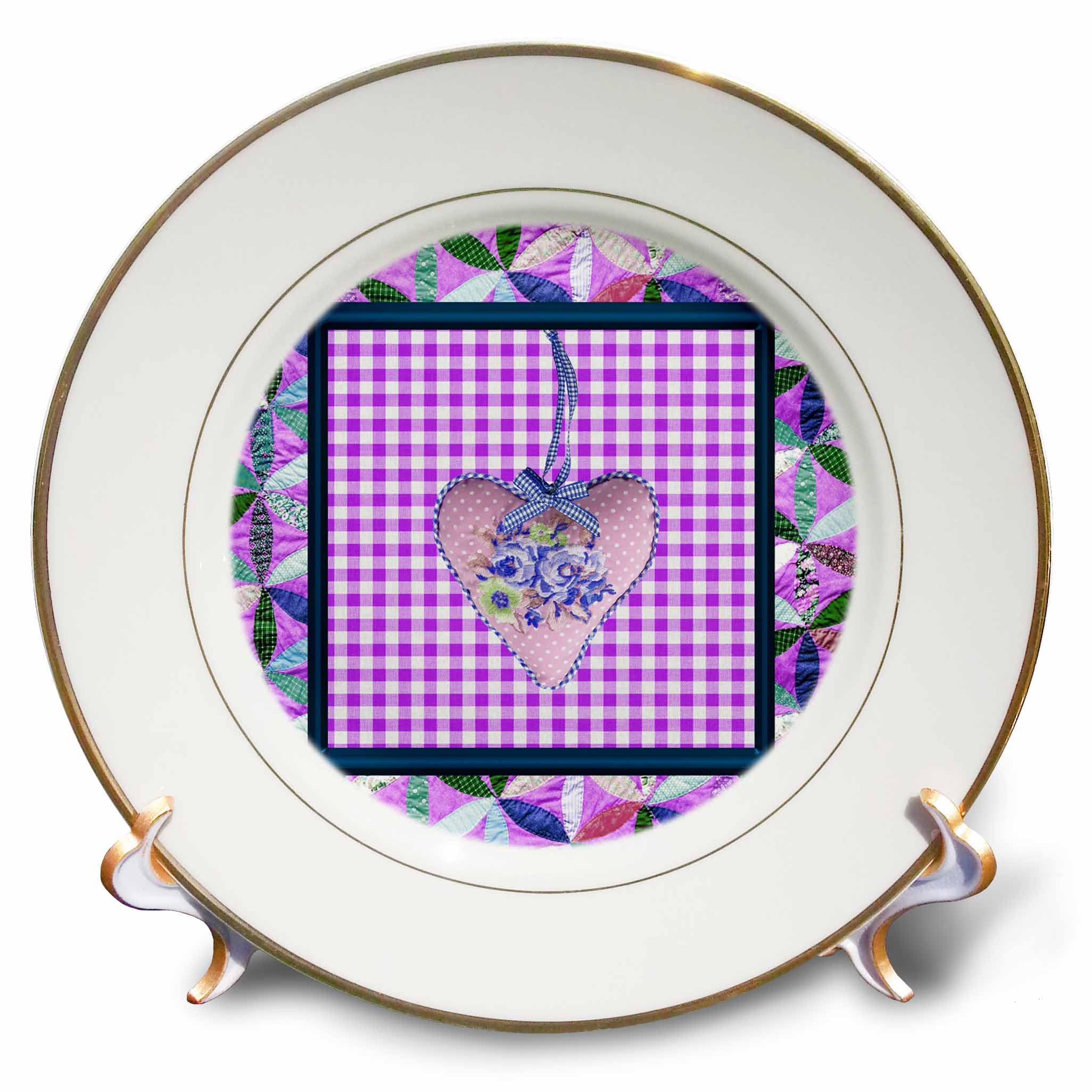3D Rose Petal Shaped Quilt Frame - Purple Cloth Look Rose Heart Ribbon Porcelain Plate, 8 Inch - Elegant Home Decor for Dining Table, Wedding Centerpiece & Gift Idea