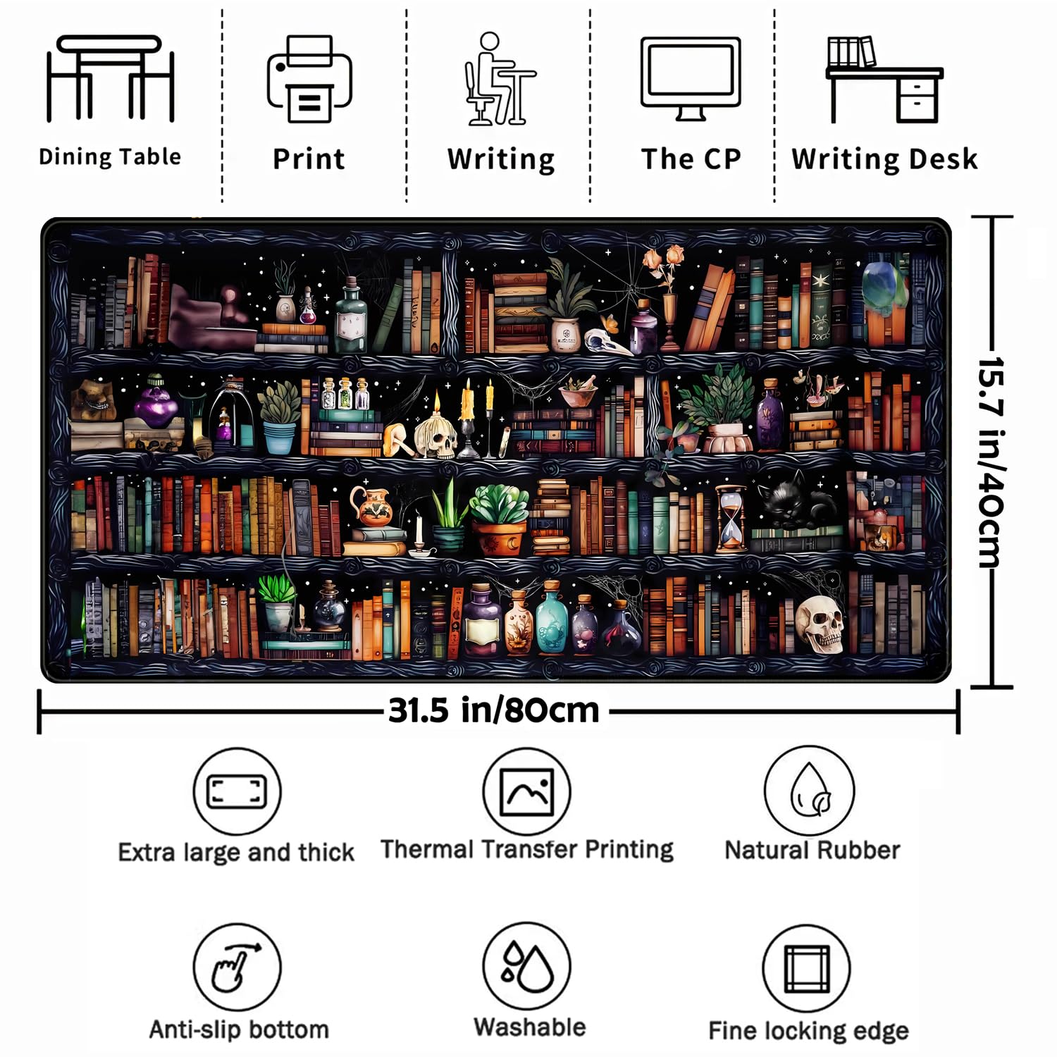 Premium XXL Extended Gaming Mouse Pad (31.5x15.7 in) - Forest Library Book Design Desk Mat with Non-Slip Rubber Base & Stitched Edges for Work, Office, Home & PC Gaming - Perfect for Computer Desks, Workstations & Gaming Setups