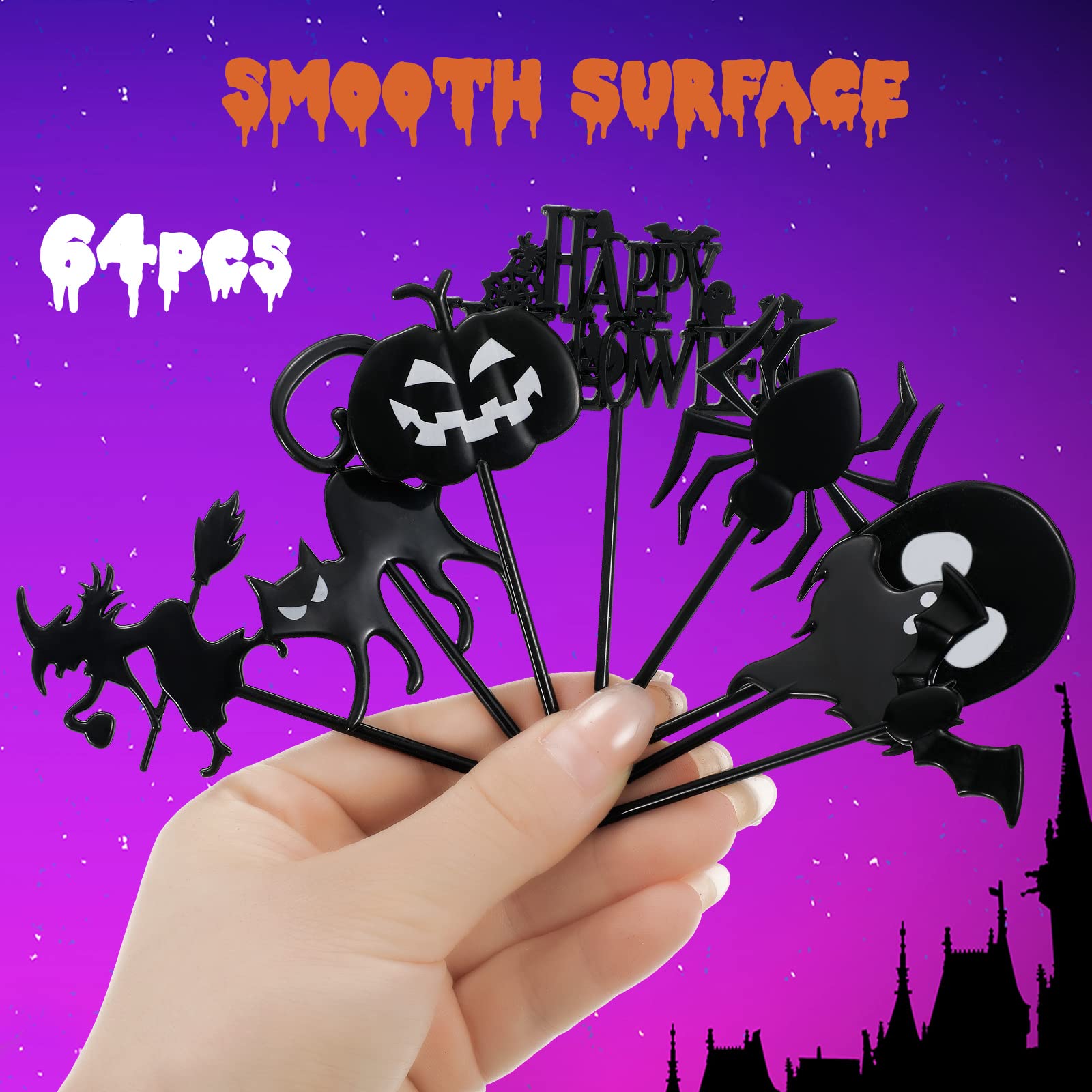 64 Pcs Halloween Cupcake Toppers - Plastic Ghost Picks for Party Decorations, Kids Birthday, Halloween Treats & Dessert Displays
