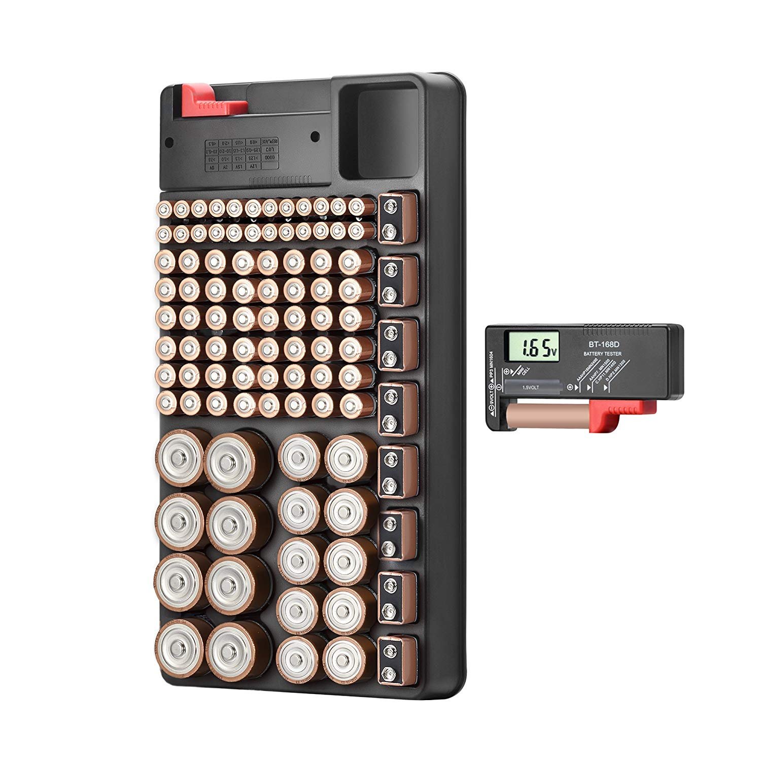Battery Organizer Storage Case with Digital Tester - Holds 110 AAA, AA, C, D, 9V & Button Batteries | Portable Battery Storage Box with Removable Tester for Home, Office, Emergency Kits & Travel