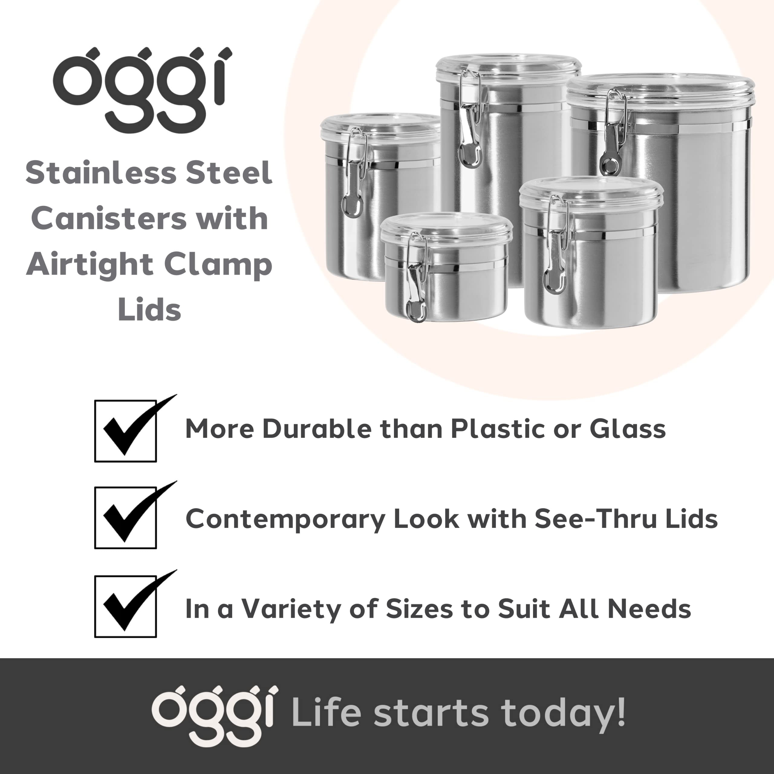 OGGI 26 fl oz Stainless Steel Kitchen Canister with Airtight Clamp Lid & Clear See-Through Top - Perfect for Coffee, Tea, Sugar, Flour & Spice Storage - Ideal for Pantry, Countertop & Kitchen Organization (5