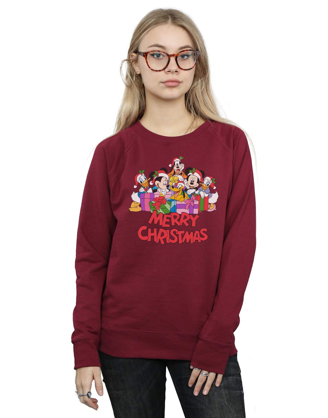Disney Women's Mickey Mouse Christmas Sweatshirt - Burgundy Red Holiday Pullover, Cozy Fleece Top for Winter, Small Size | Perfect for Xmas Parties, Family Gatherings & Festive Outfits