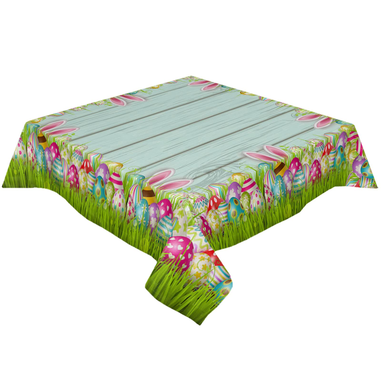 Happy Easter Tablecloth - Washable 54x54 Inch Square Fabric with Colorful Eggs, Bunny & Spring Grass Design - Perfect for Kitchen, Dining Table, Banquet, Easter Party & Holiday Dinner Decorations