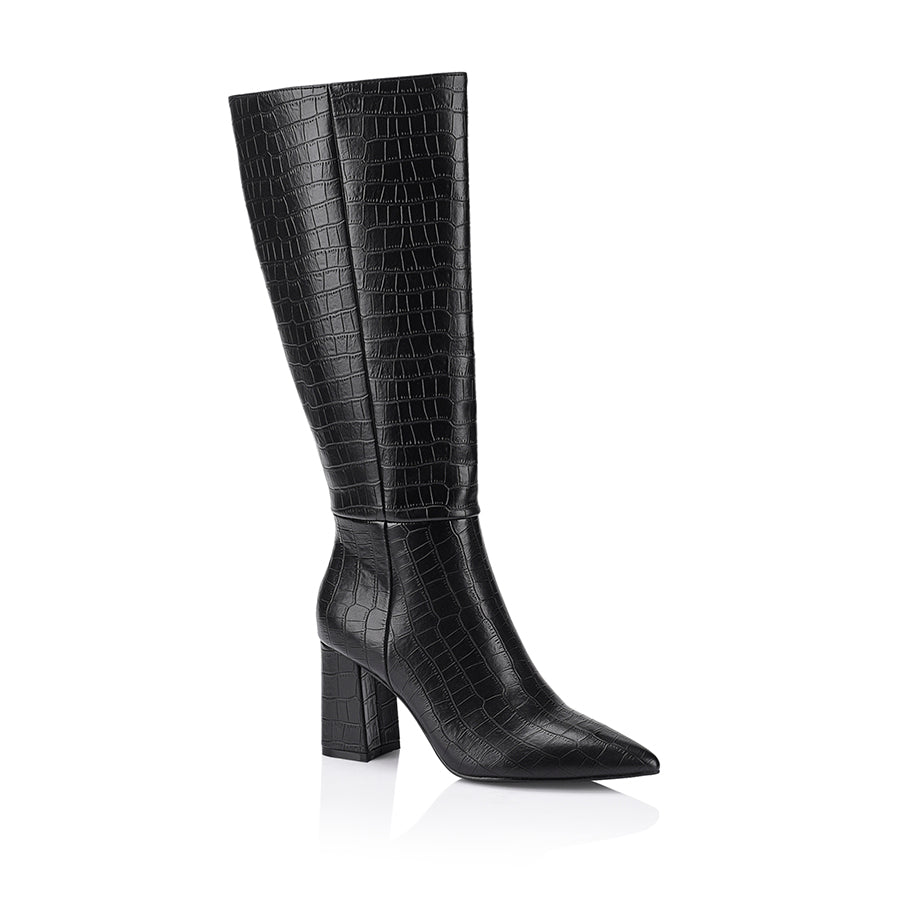 Magda Women's Black Crocodile Leather Tall Boots - Stylish Knee-High Boots for Winter, Fall & Casual Outfits