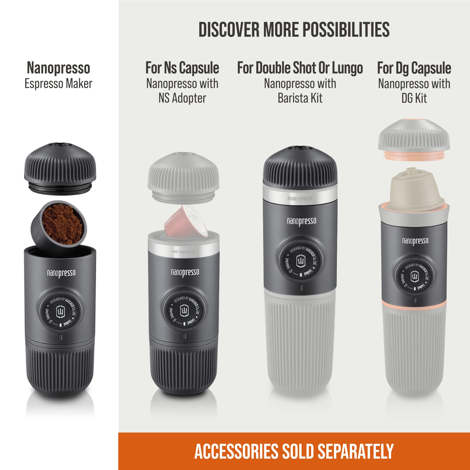 WACACO Nanopresso Portable Espresso Maker - 18 Bar Pressure Hand Pump Manual Coffee Machine for Travel, Camping & Office - Compact & Lightweight Upgrade of Minipresso - Perfect for Home, Outdoor Adventures & Gifts