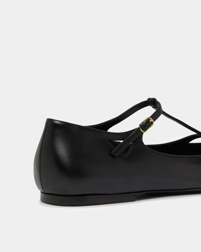 Black Leather T-Strap Pointed Toe Flats for Women - Comfortable Dress Shoes for Work, Office & Evening Out