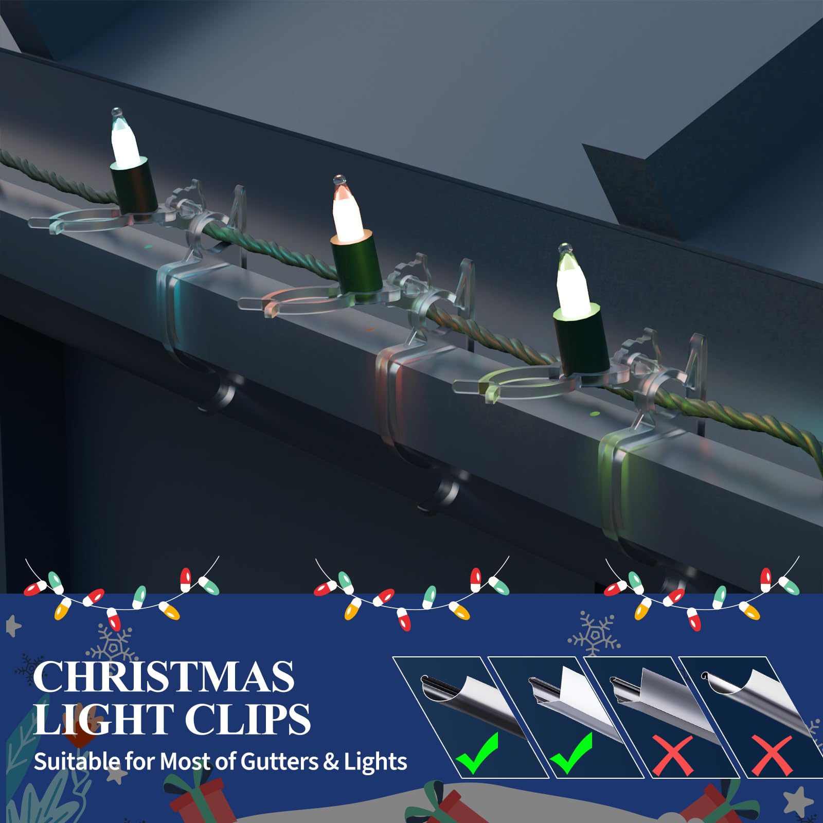 200-Pack Christmas Light Clips for Outdoor Holiday Decorations - Shingle & Gutter Mounting Clips for Mini, C6, C7, C9, Rope & Icicle Lights - No Tools Needed - Perfect for Roof, Fence & Window Decorations