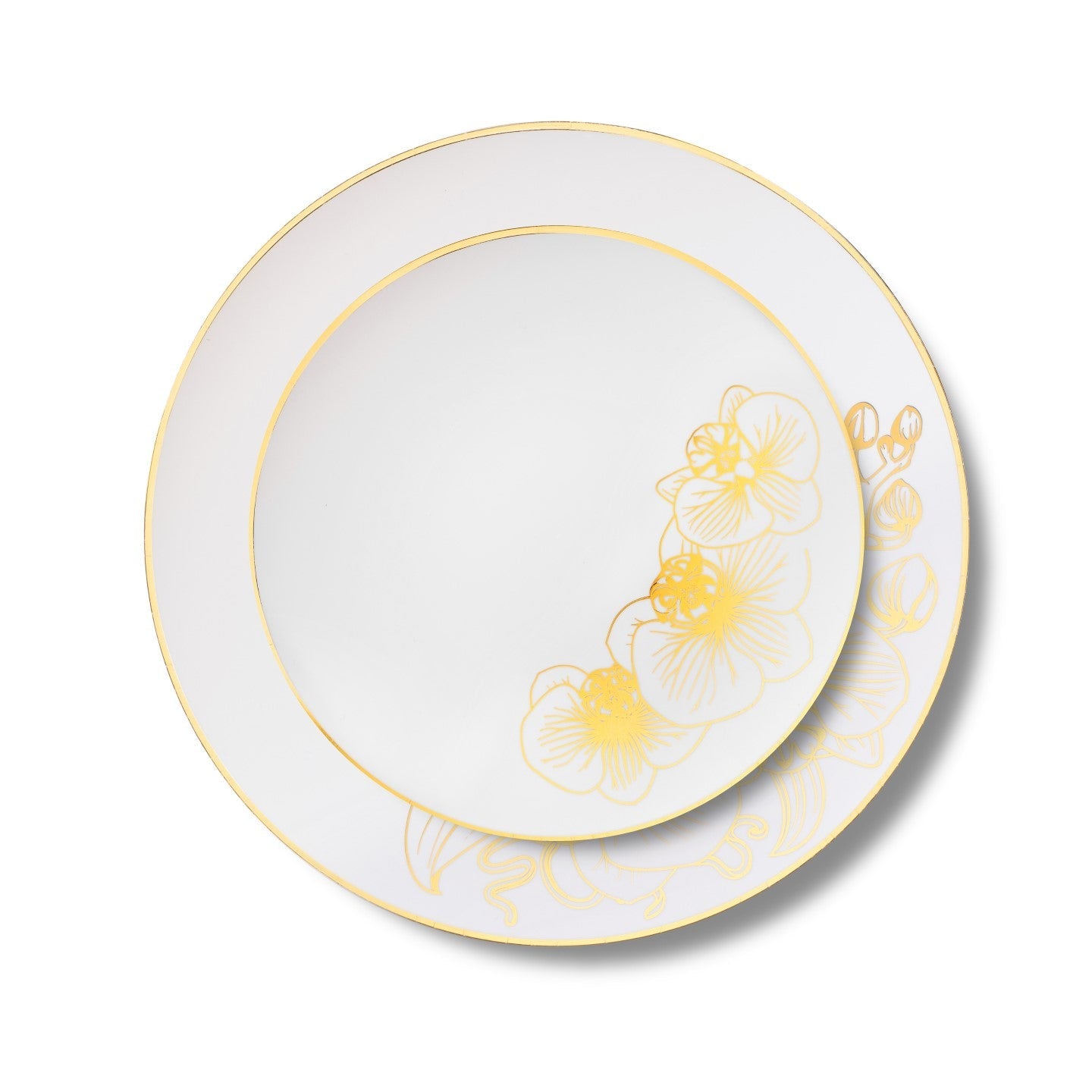 192-Piece White and Gold Round Plastic Dinnerware Set - Elegant Disposable Tableware for 96 Guests - Perfect for Weddings, Parties, and Outdoor Events