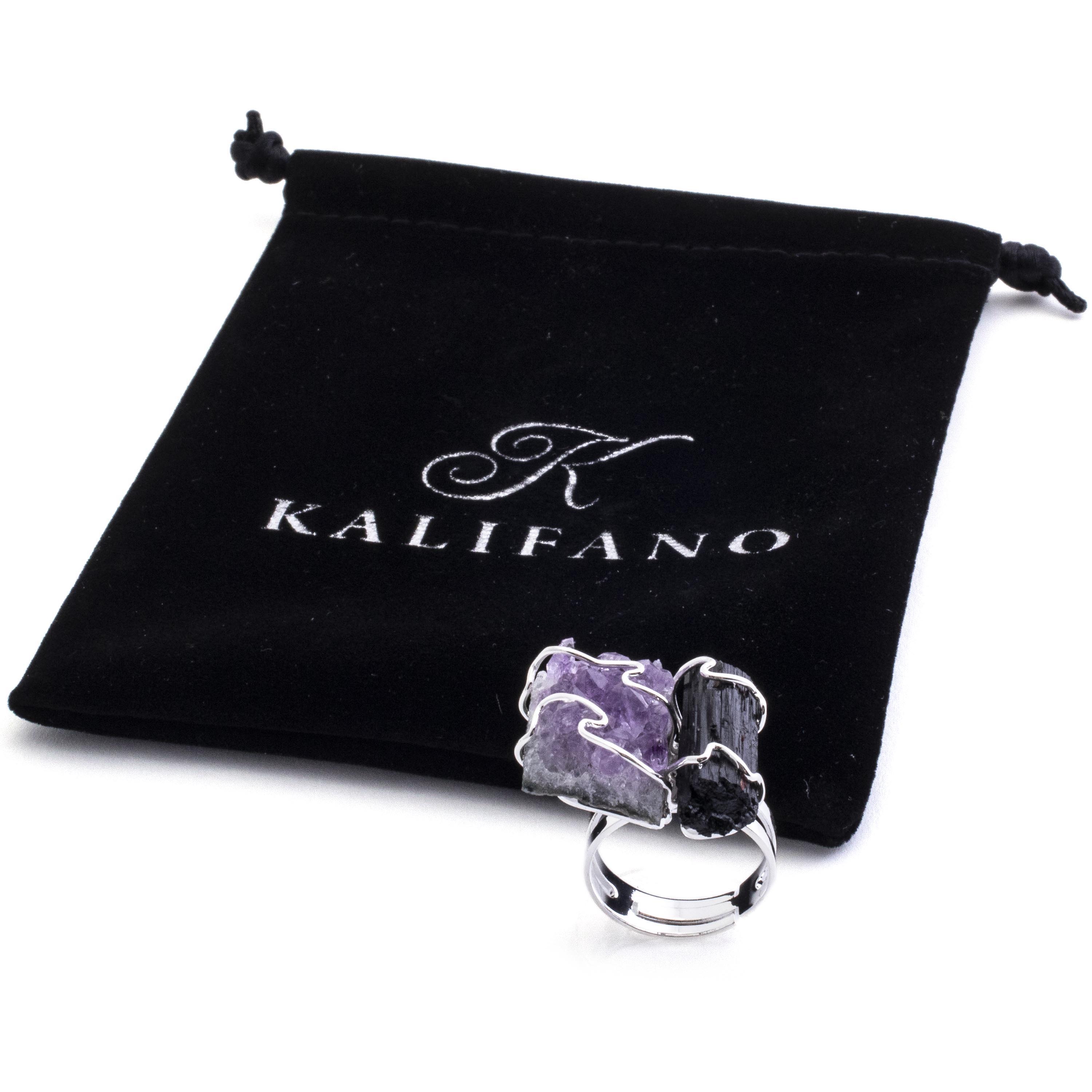 Amethyst and Black Tourmaline Adjustable Ring for Women - Healing Crystal Jewelry for Protection, Stress Relief & Positive Energy - Perfect for Meditation, Yoga & Everyday Wear