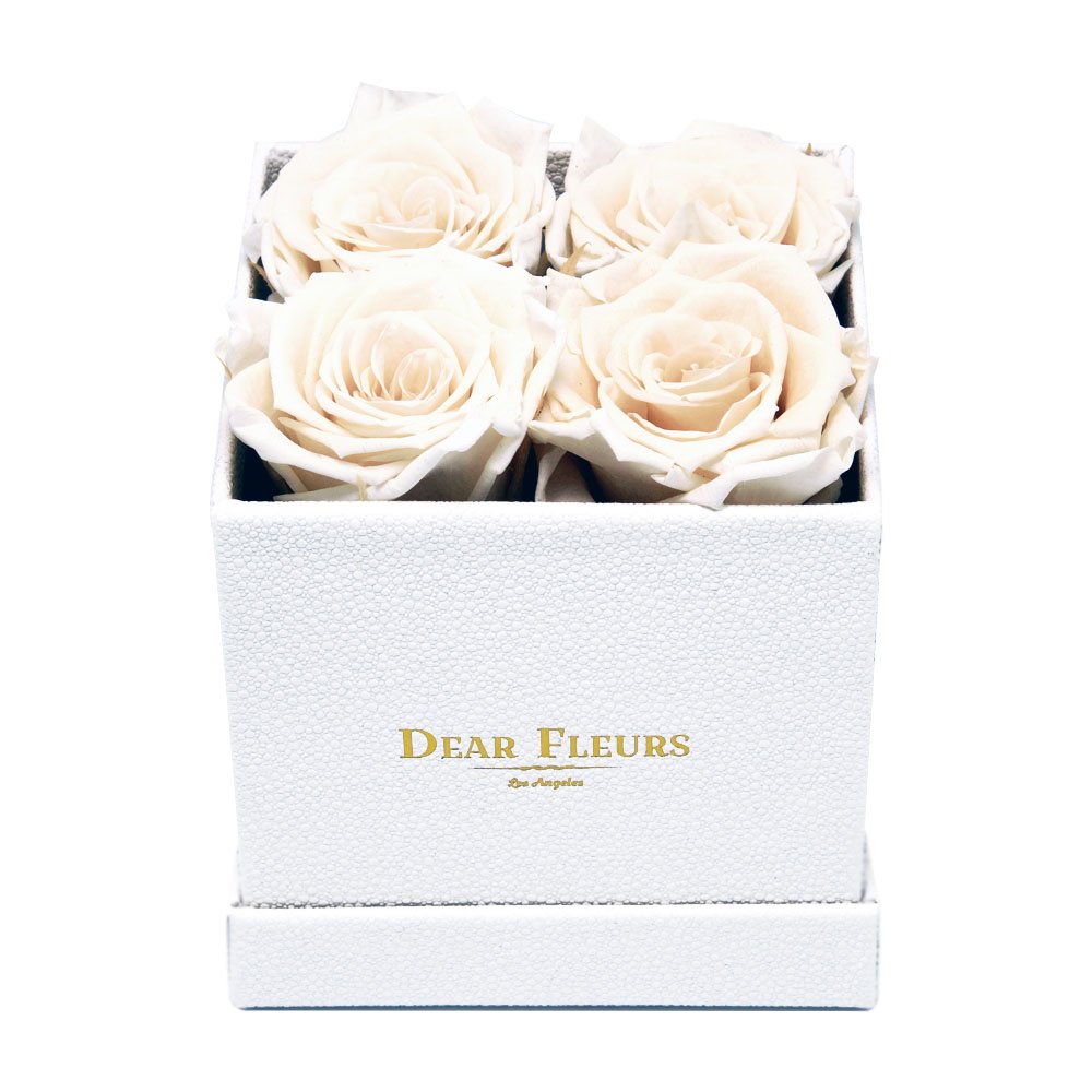 1 Year Lasting Real Preserved Roses in White Leather Box - Small Square Roses for Valentine's Day, Anniversary, Wedding Decor & Romantic Gifts