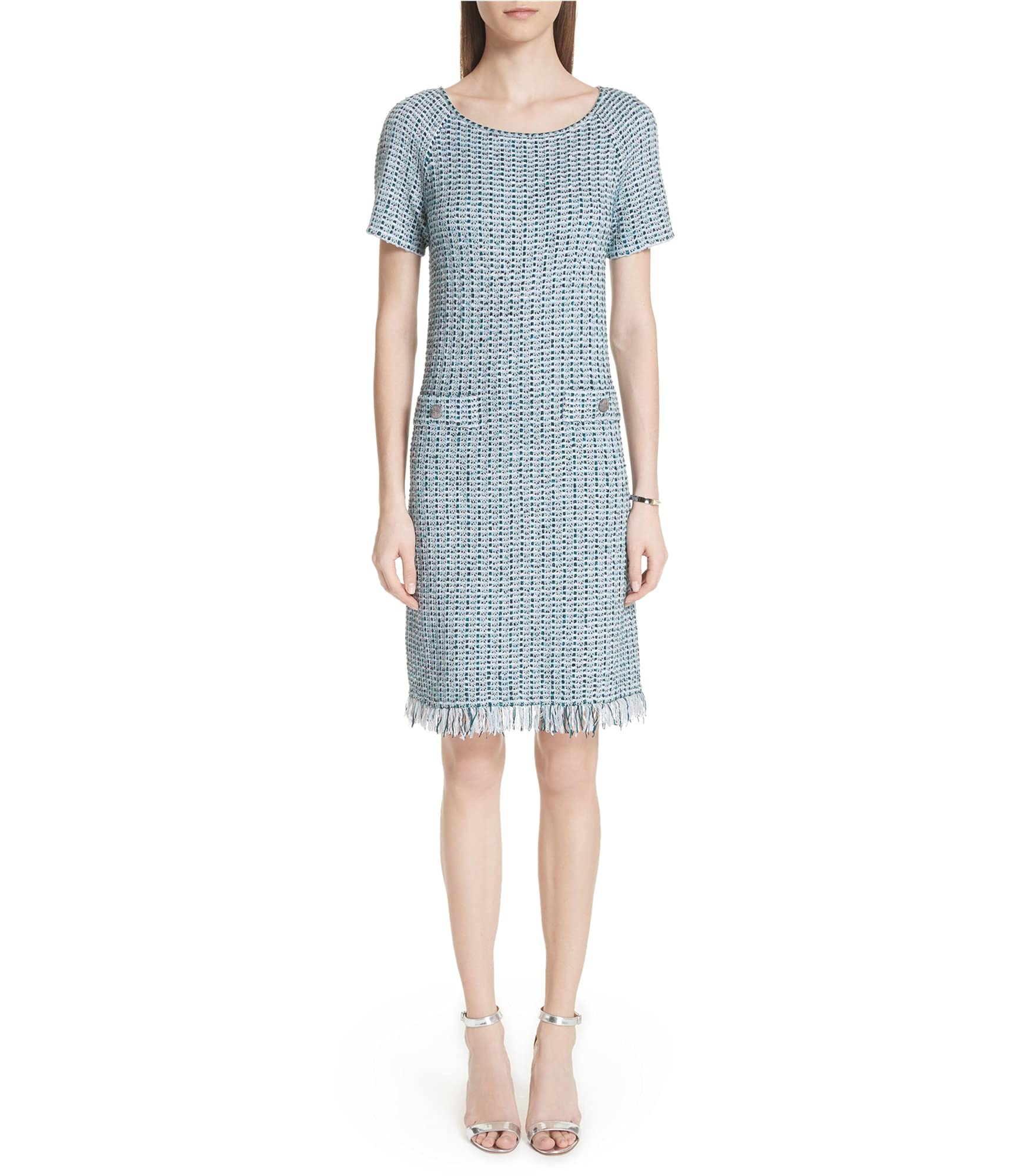 St. John Women's Microstripe Checked Midi Dress - Green Size 4 | Elegant Office Wear & Spring Wedding Guest Dress