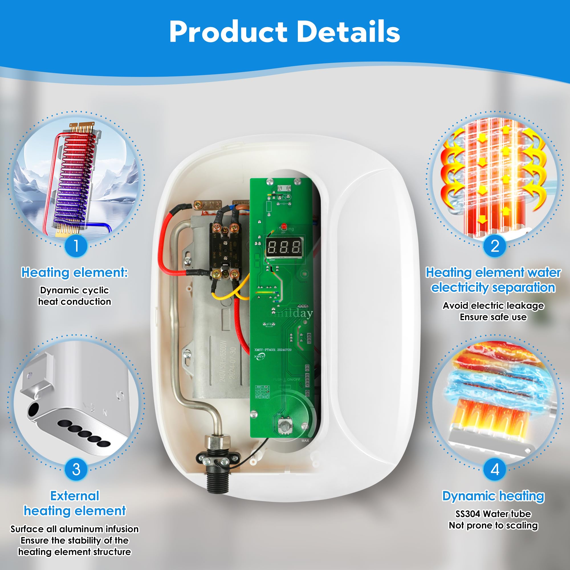 **240V 6500W Electric Tankless Water Heater with LED Temperature Display - Instant Hot Water for Bathroom, Kitchen & Sink - Overheating Protection, White (Ideal for Small Homes, Apartments & RVs)**