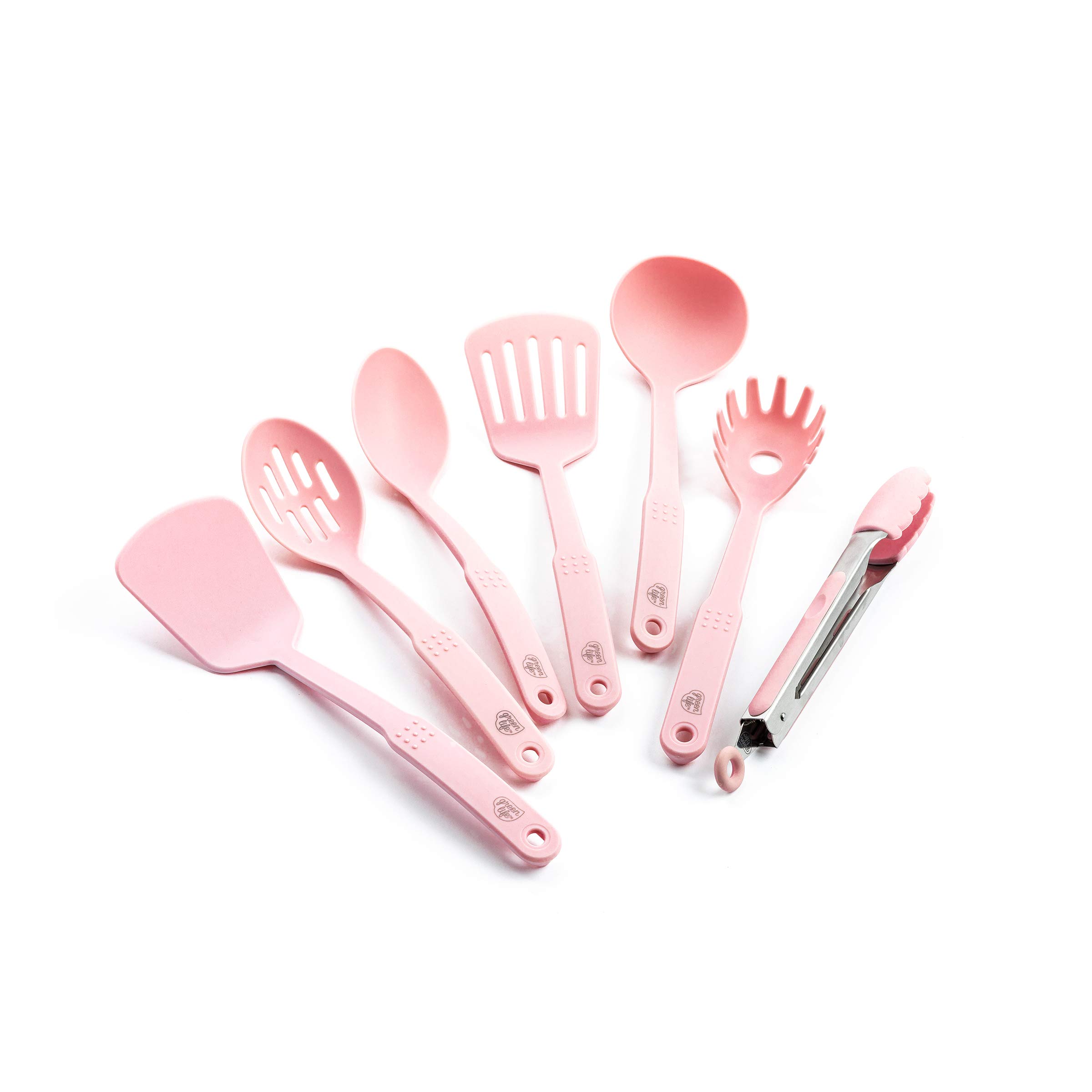 GreenLife 7-Piece Nonstick Cooking Utensil Set - BPA-Free Nylon Spatulas, Turner, Spoons & Tongs - Heat Resistant Kitchen Tools for Baking, Frying & Sauteing - Pink Kitchen Accessories for Home Chefs