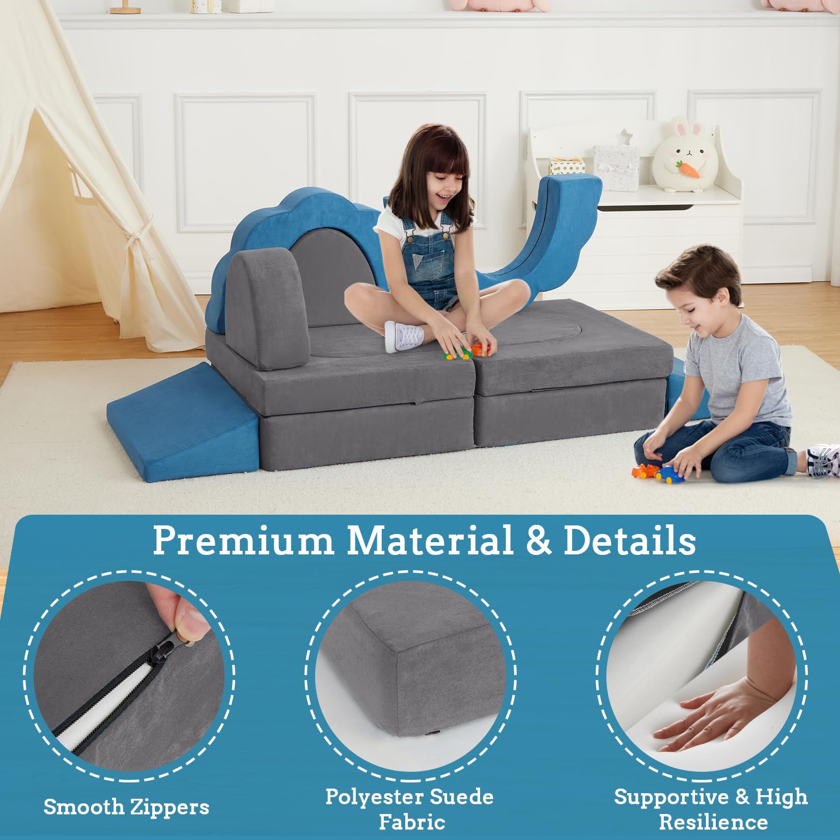 GARVEE 11-Piece Modular Kids Play Couch - Convertible Foam Floor Sofa for Toddlers & Children | Creative Playroom & Bedroom Furniture | Lake Blue & Grey | Perfect for Indoor Play, Reading Nook & Lounge Areas
