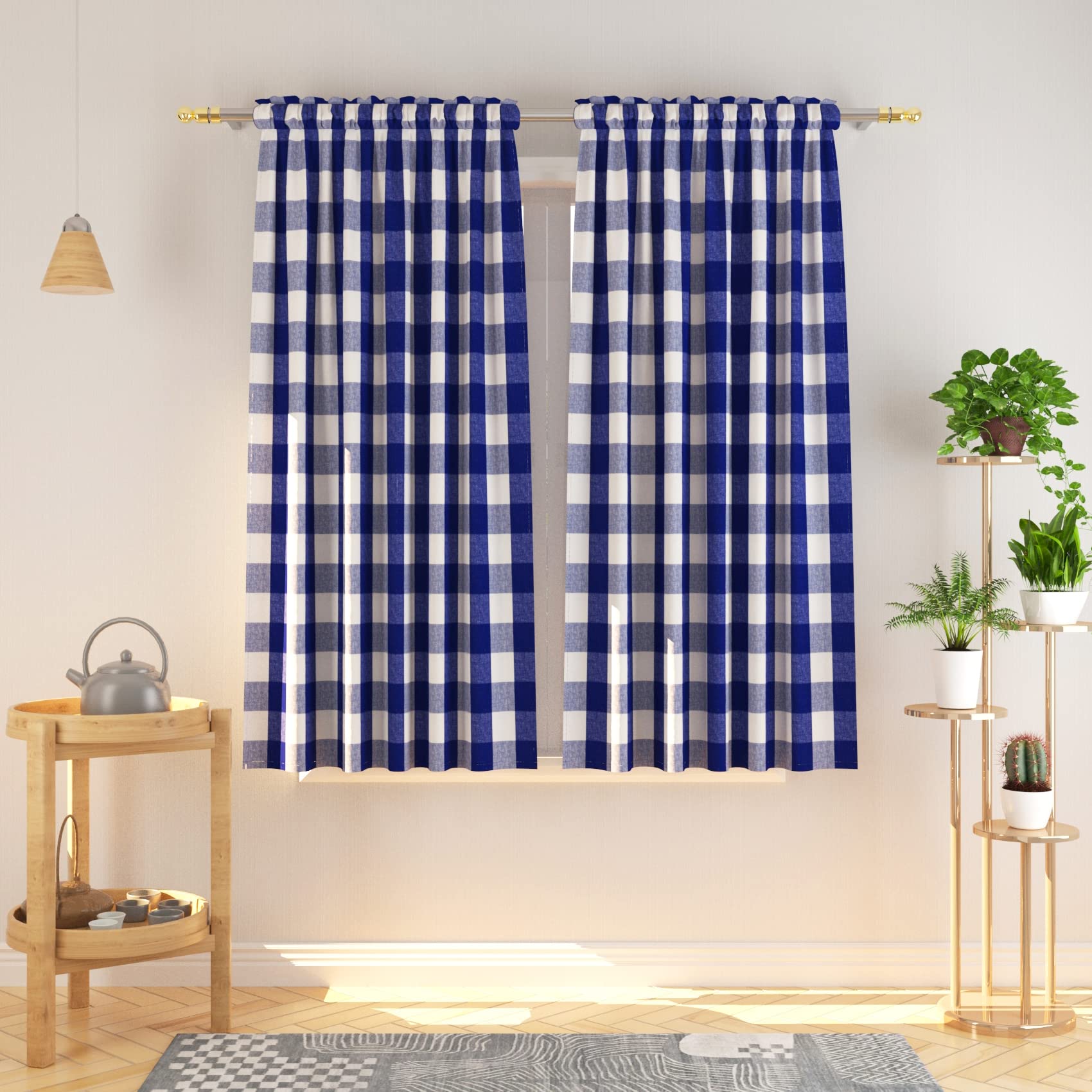 Navy Blue and White Buffalo Gingham Check Cotton Curtains - 63 Inch Long Rod Pocket Panels for Living Room, Kitchen & Bedroom - Set of 2 | Farmhouse Window Treatment & Home Decor