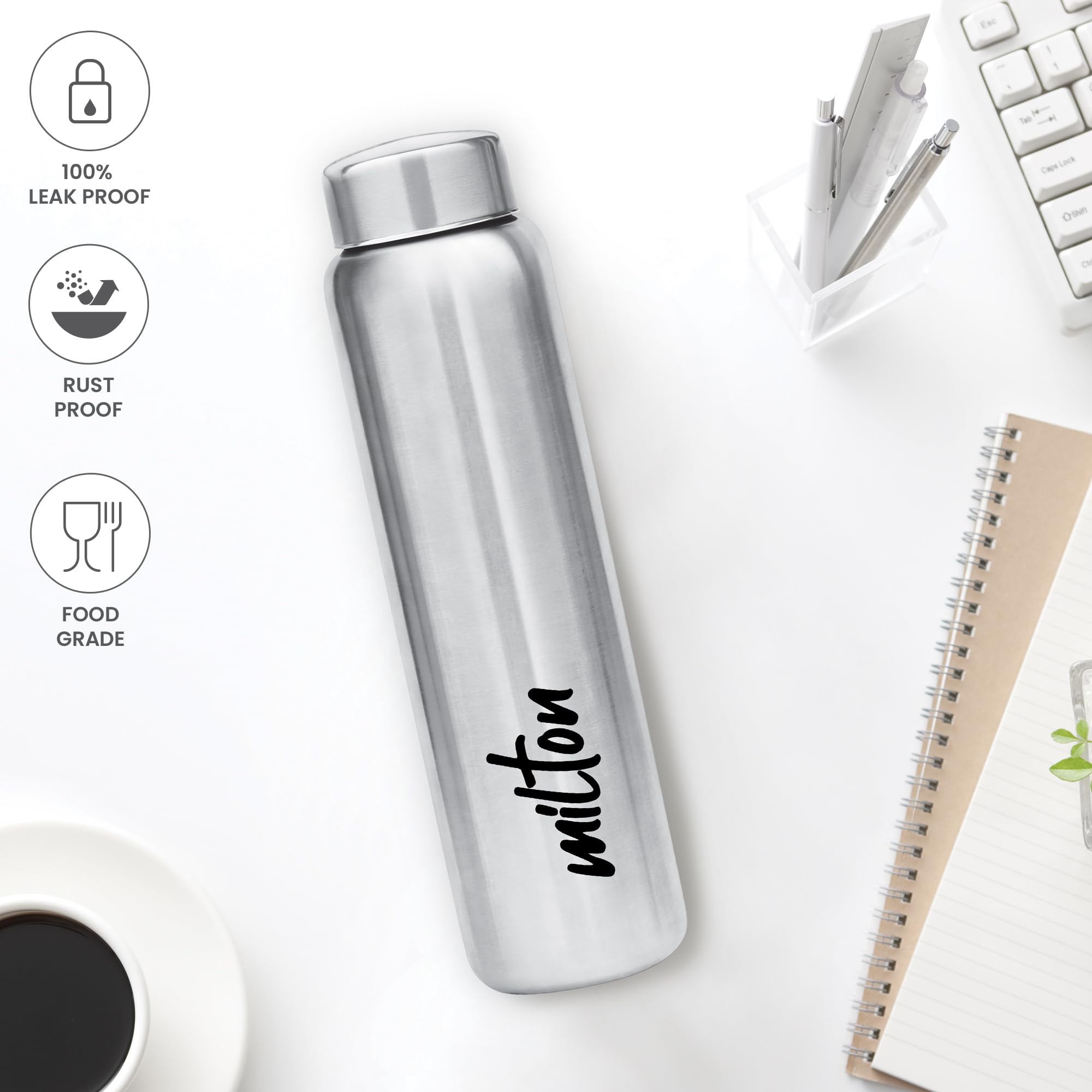 Milton Aqua 1000 Stainless Steel Water Bottle - 3 Pack (950ml Each) | Silver Leakproof Thermos | Perfect for Office, Gym, Hiking, Travel & Outdoor Activities | BPA-Free Insulated Water Bottle for Hot & Cold Drinks