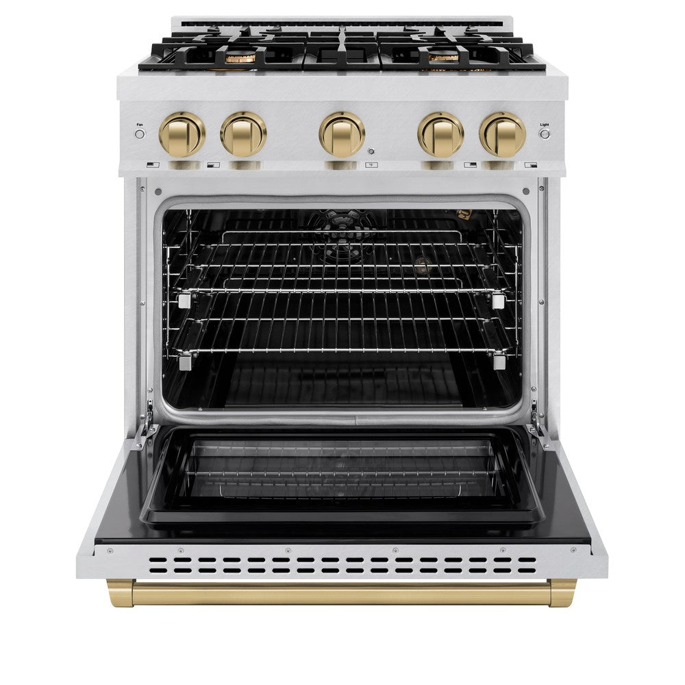 ZLINE Autograph Edition 30 Inch 4.2 Cu. Ft. Gas Range with 4 Burner Cooktop & Convection Oven - Satin Stainless Steel with Champagne Bronze Accents (HGRSZ 30 CB) | Professional Kitchen Appliance for Home Chefs & Cooking Enthusiasts
