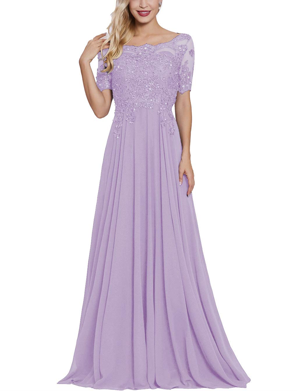 Elegant Long Sleeve Chiffon Mother of the Bride Dress with Beaded Bateau Neck - Formal Evening Gown for Weddings, Galas & Special Occasions