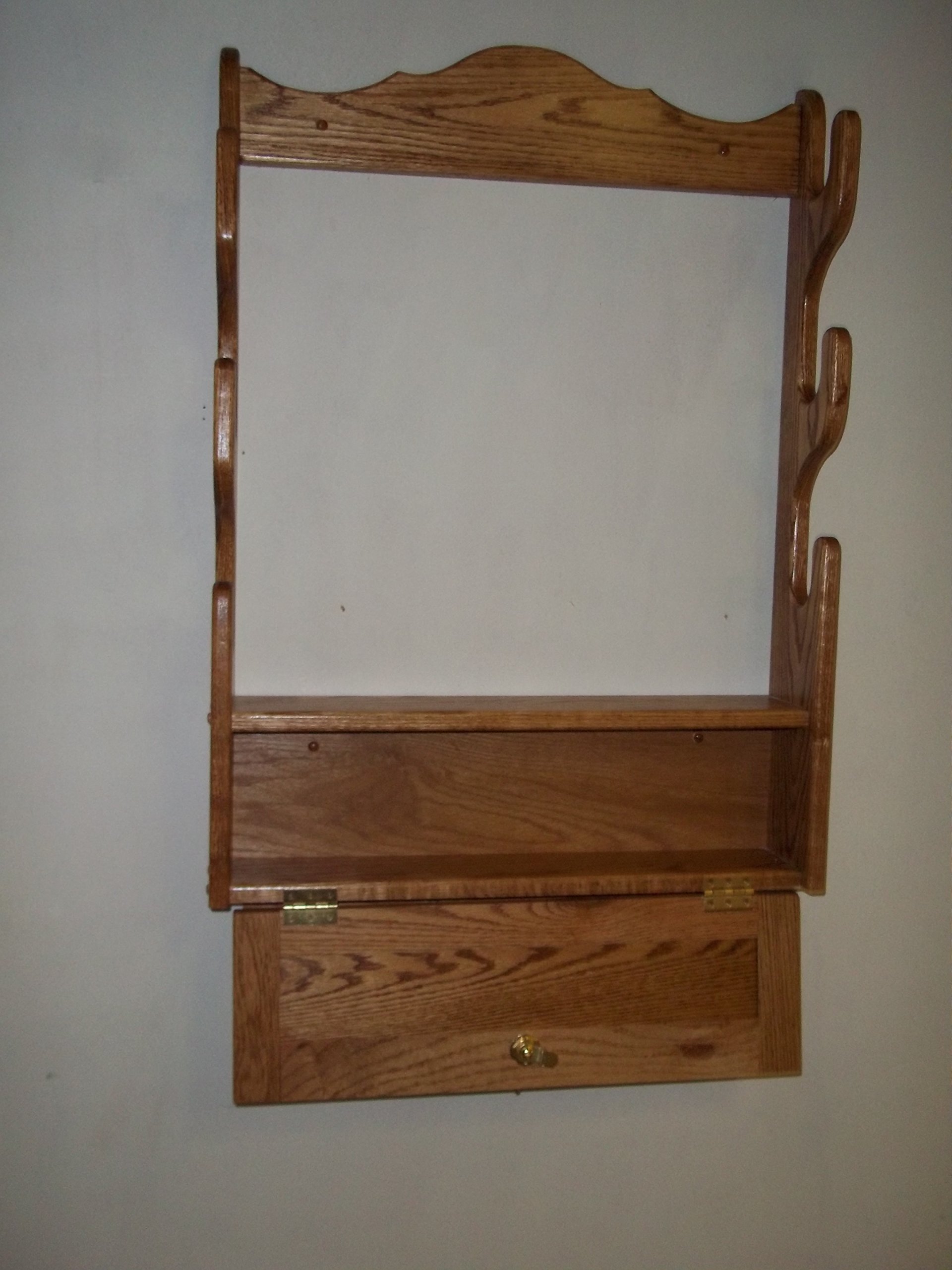 3 Gun Wall Mount Rack with Locking Storage Compartment - Golden Oak Finish for Secure Firearm Storage in Home, Office or Cabin