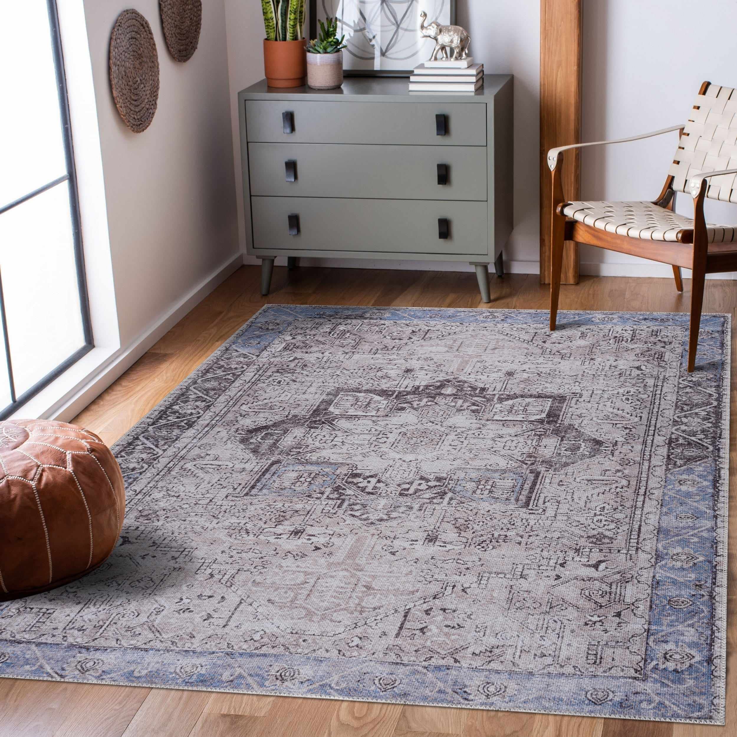 Hauteloom Rini Traditional Machine Washable Area Rug - Beige, Anthracite, Blue - 6'7