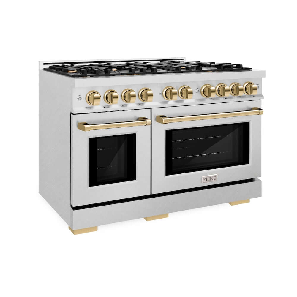 ZLINE Autograph Edition 48-Inch 6.7 cu. ft. Professional Double Oven Gas Range with 8 Burner Cooktop - Satin Stainless Steel & Polished Gold Accents (HGRSZ 48 G) - Perfect for Large Kitchens, Gourmet Cooking & Entertaining