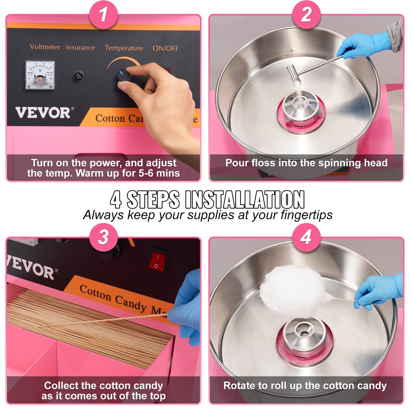 VBENLEM Commercial Cotton Candy Machine with Cart - Electric Candy Floss Maker with Stainless Steel Bowl, Sugar Scoop & Storage Drawer - Perfect for Birthday Parties, Carnival Events, and Home Use (Pink)
