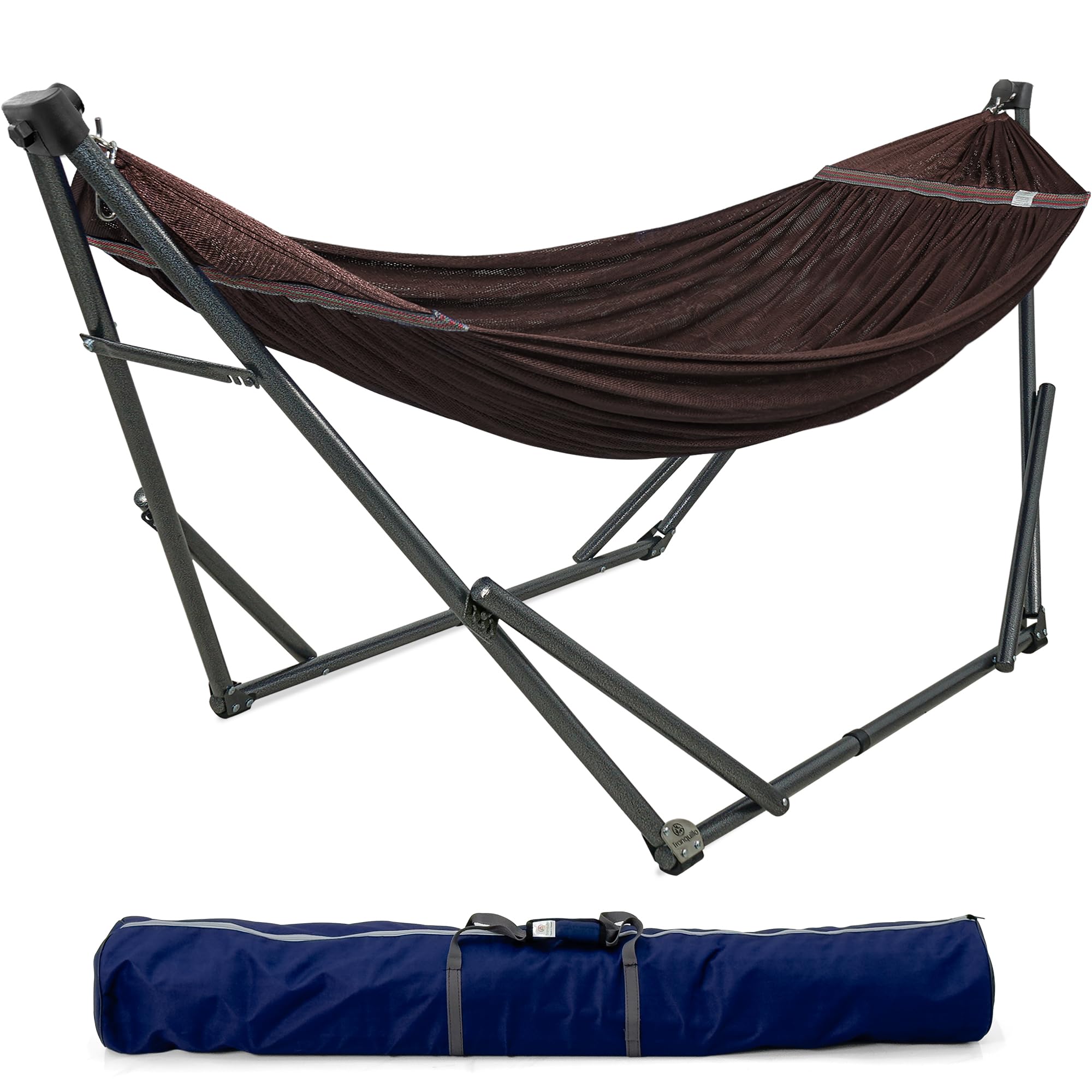 Tranquillo Adjustable & Collapsible Hammock Stand with 600 lbs Capacity - Double Hammock for 2 Persons - 30 Second Assembly - Portable for Camping, Travel, Picnic, Balcony & Backyard (Brown) - Perfect for Outdoor Relaxation, Beach Lounging & Backyard Getaways