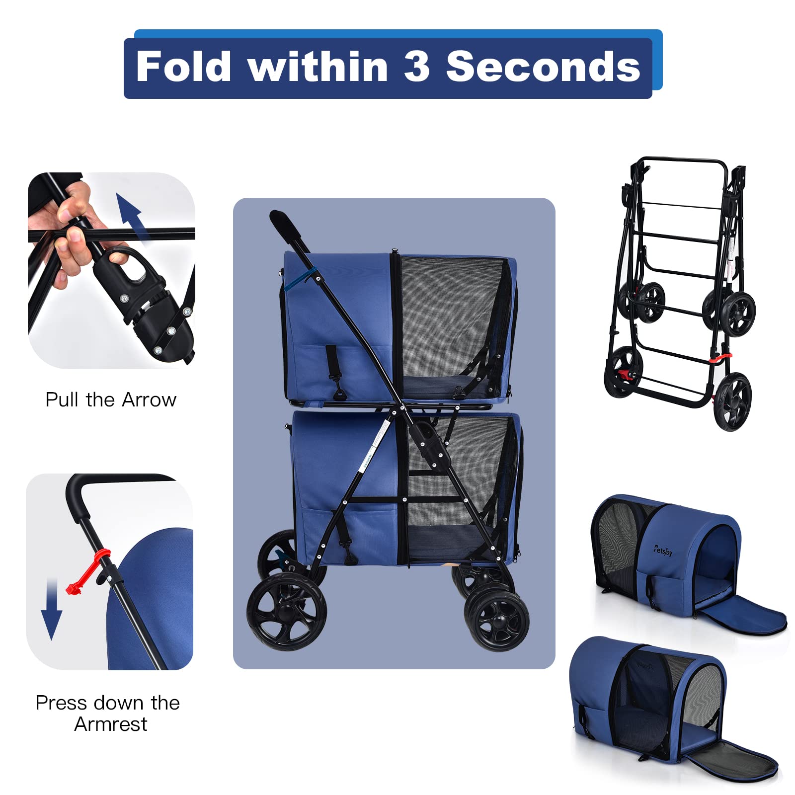Foldable Double Dog Stroller for 2 Small to Medium Pets - Detachable Carrier & Wheels - Jogger Pet Crate for Car, Walking, Camping & Travel - Blue | Perfect for Outdoor Adventures & Vet Visits