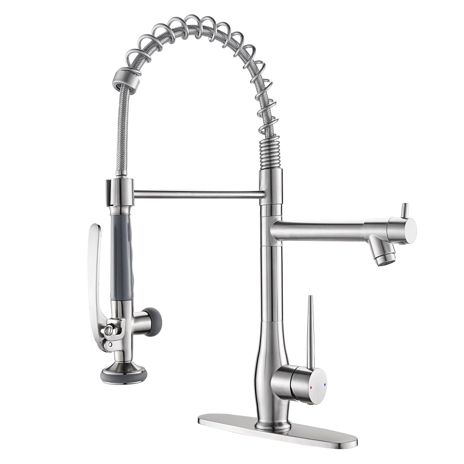 GIMILI Commercial Grade Brushed Nickel Kitchen Faucet - Single Handle Pull Down Sprayer with High Pressure & Deck Plate - Stainless Steel Sink Faucet for Restaurant & Home Kitchen Use