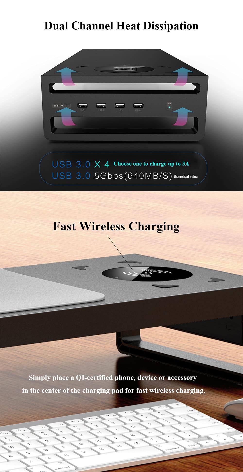 Adjustable Monitor Stand Riser with Storage Shelf - Ergonomic Computer Desk Organizer for Home Office, PC, Printer | Space-Saving USB Hub & Wireless Charging Station (No USB3.0/No Wireless Charging) - Perfect for Work from Home Setup