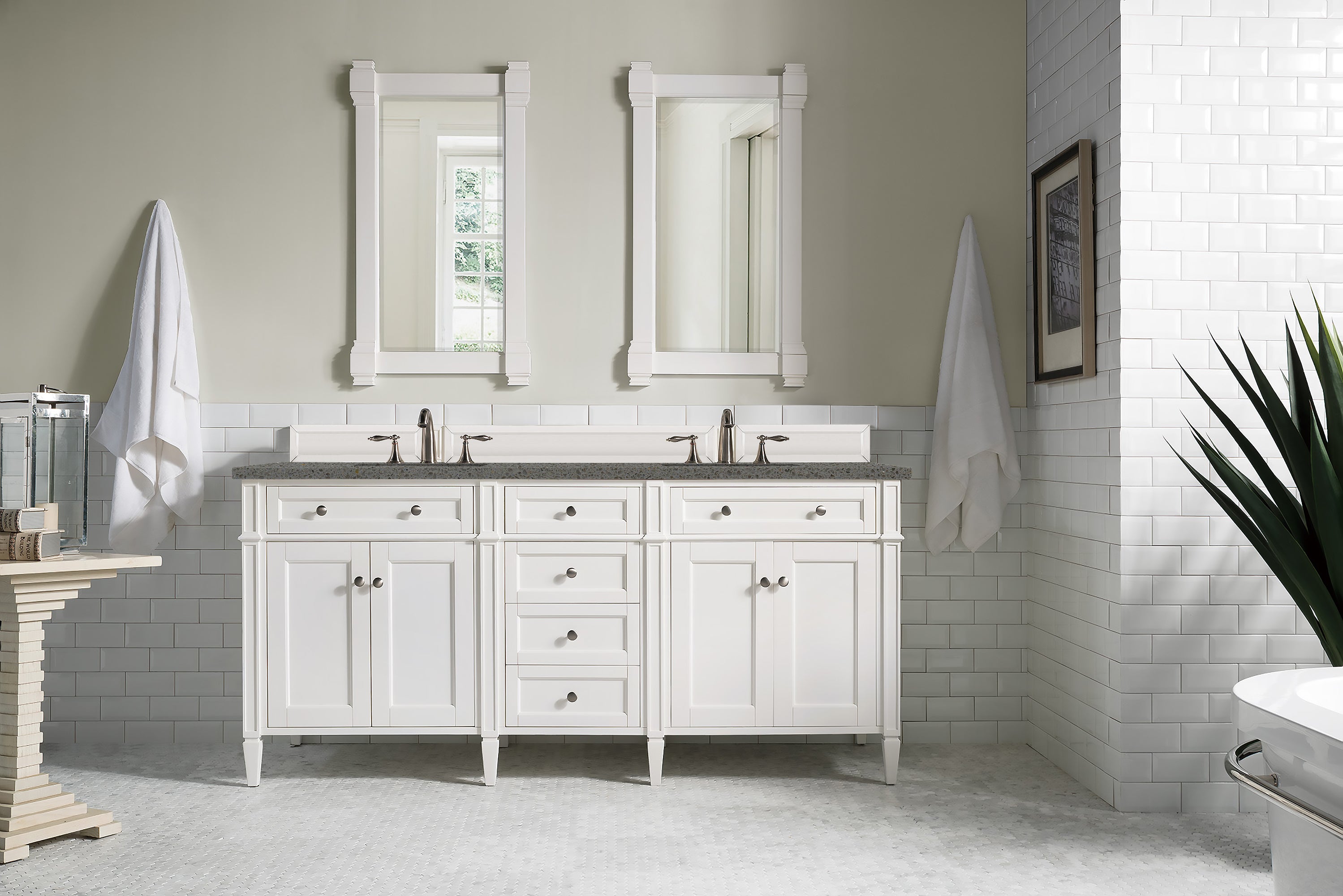 Brittany 72-Inch Bright White Double Vanity with 3CM Gray Expo Quartz Top - Perfect for Modern Bathroom Renovation & Master Suite Upgrade