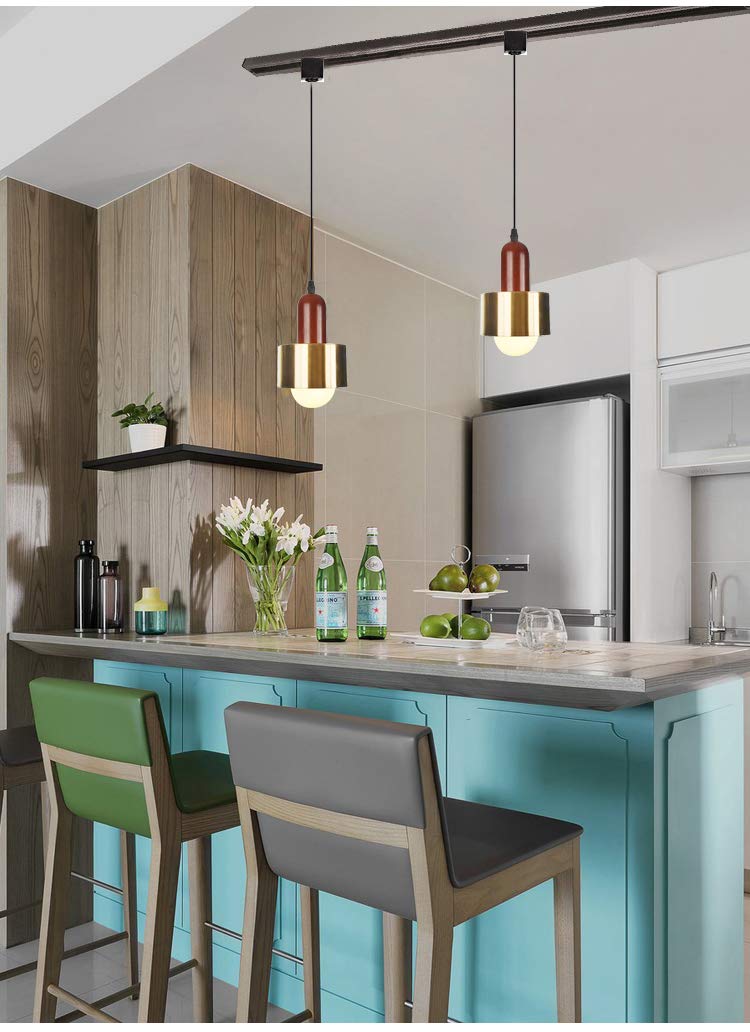 Dimmable Modern J-Type Track Light with Wooden Handle & Gold Lampshade - Compatible with Juno Track System - Mini Pendant Lighting for Kitchen Island, Dining Room & Bar Counter - Customizable 3-Light Hanging Fixture Set