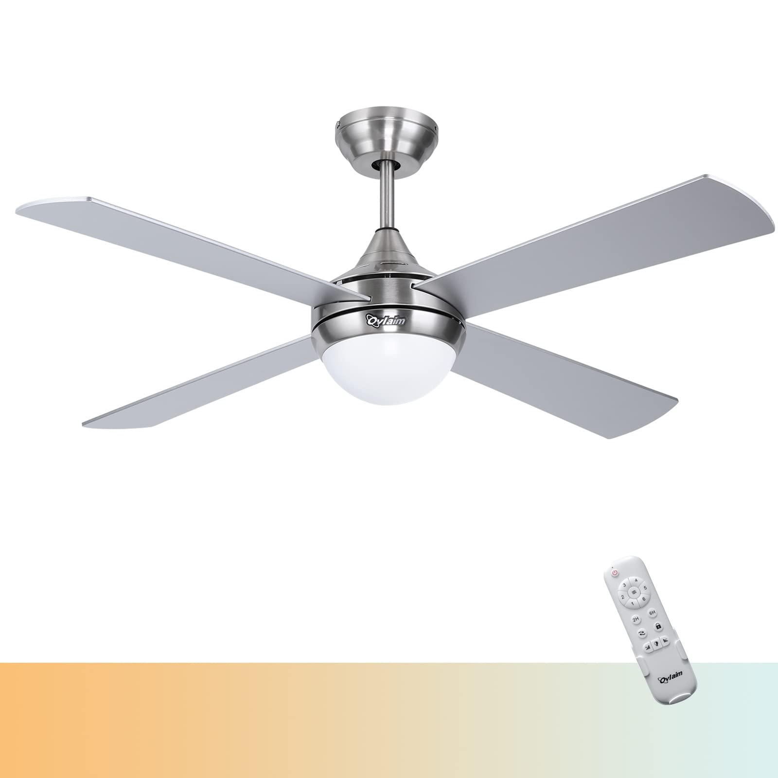 Ovlaim 48 Inch Quiet DC Motor Ceiling Fan with Lights & Remote Control - Dimmable LED Lighting, Silver Finish - Perfect for Bedroom, Living Room & Office Spaces