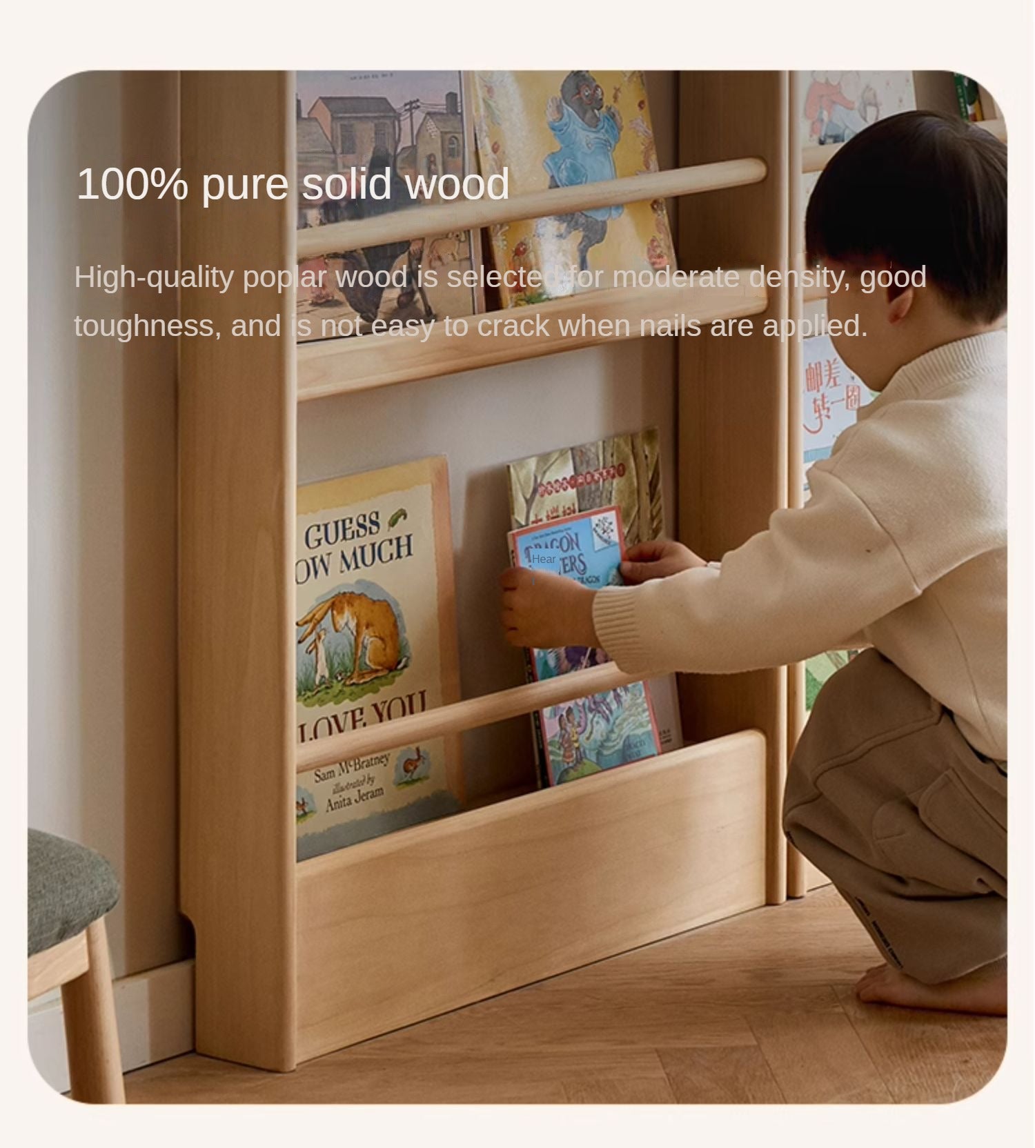 Popar Solid Wood Wall Mounted Bookshelf - Kids Book Storage Organizer for Nursery, Playroom & Classroom - Perfect for Children's Books, Toys & Decor