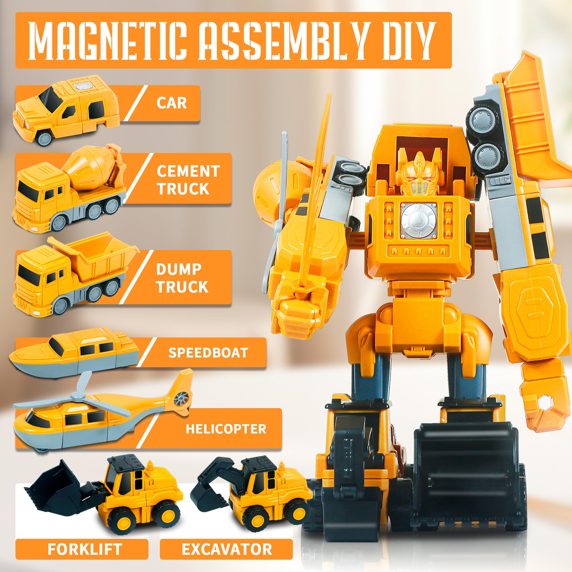 Magnetic Transform Engineering Car Toys - 35 Pcs Construction Vehicle Building Set with Storage Box, Transforming Robot Toy for Kids Ages 3-8 | STEM Learning, Birthday Gift, Indoor & Outdoor Play Activities