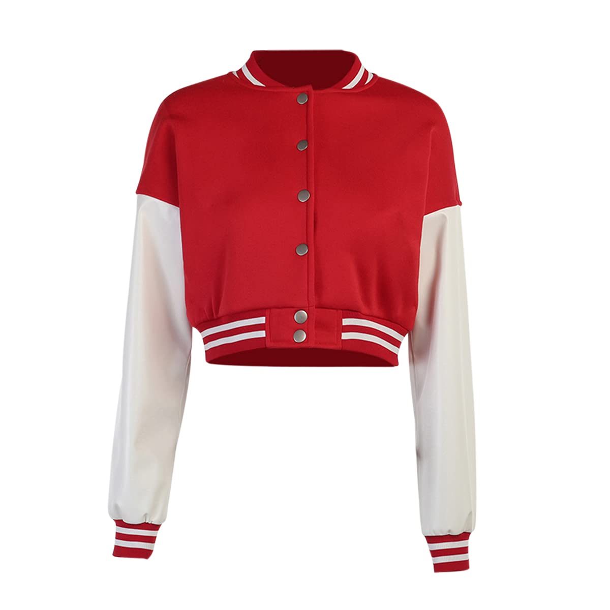 KIRJAUDU Women's Colorblock Patchwork Varsity Baseball Jacket - PU Leather Sleeve Cropped Bomber Coat for Casual Outfits & Streetwear Fashion