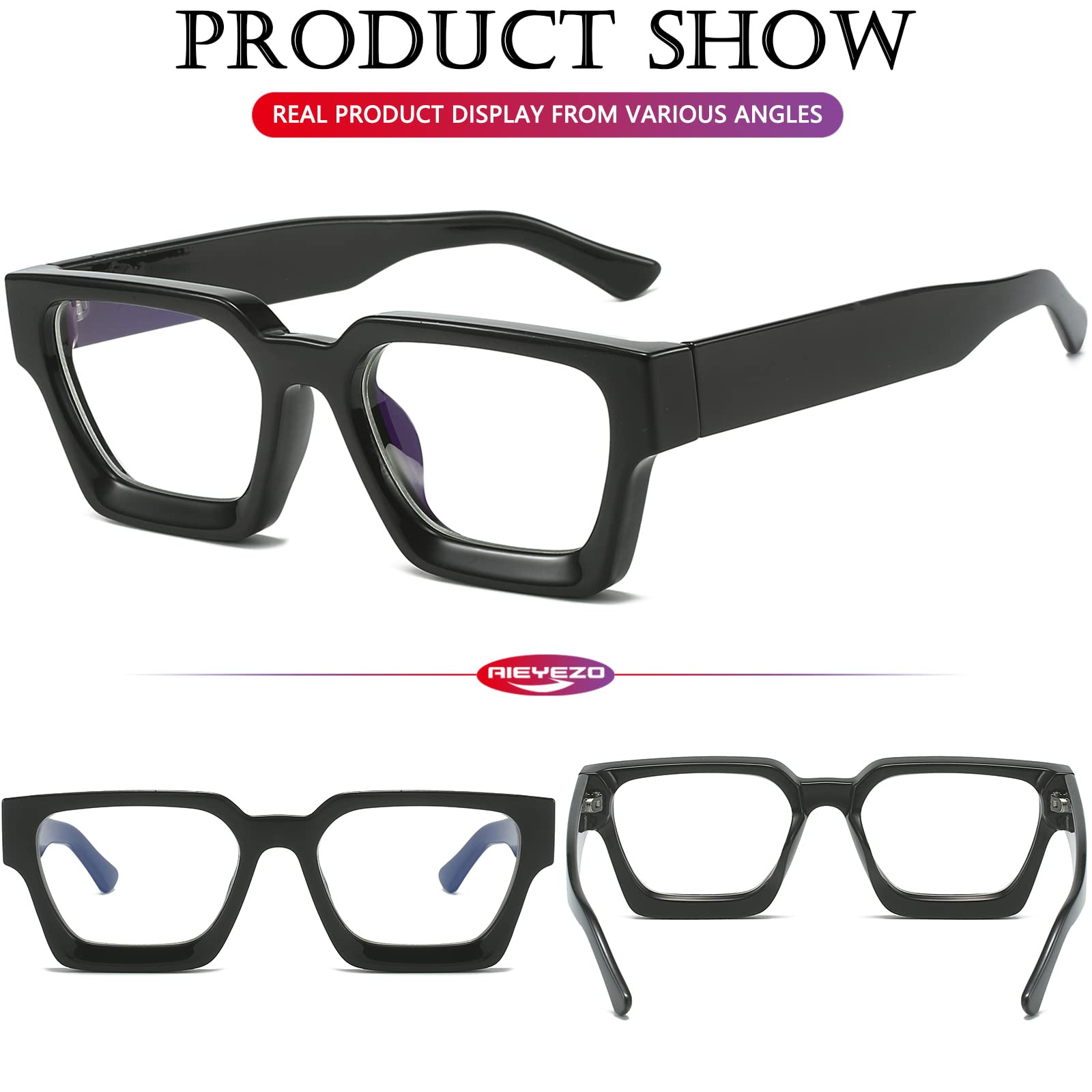 AIEYEZO Square Thick Frame Blue Light Blocking Glasses for Women & Men - Trendy Computer Eyeglasses for Office Work, Gaming & Screen Time Protection