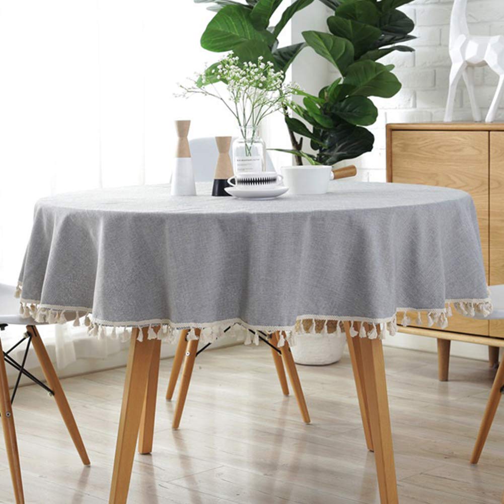 Premium Round Linen Tablecloth 39 Inch - Wrinkle-Free Farmhouse Dining Table Cover with Tassels for Kitchen, Indoor & Outdoor Use - Light Grey Home Decor for Dinner Parties, Picnics, and Seasonal Celebrations