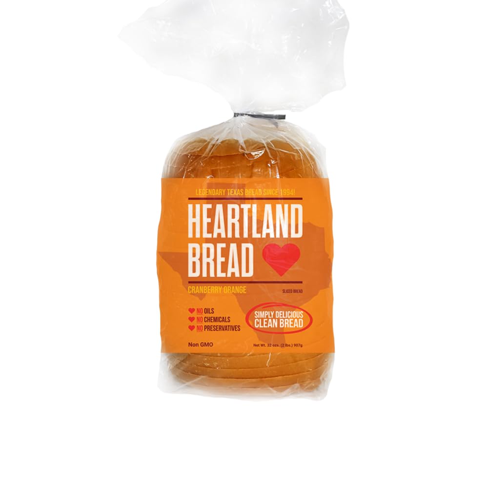 Heartland Bread Organic Cranberry Orange Sliced Bread - No Fats, Oils, Chemicals or Preservatives - 100% Natural Homemade Taste - 32oz Loaf - Perfect for Breakfast, Snacks & Holiday Gatherings