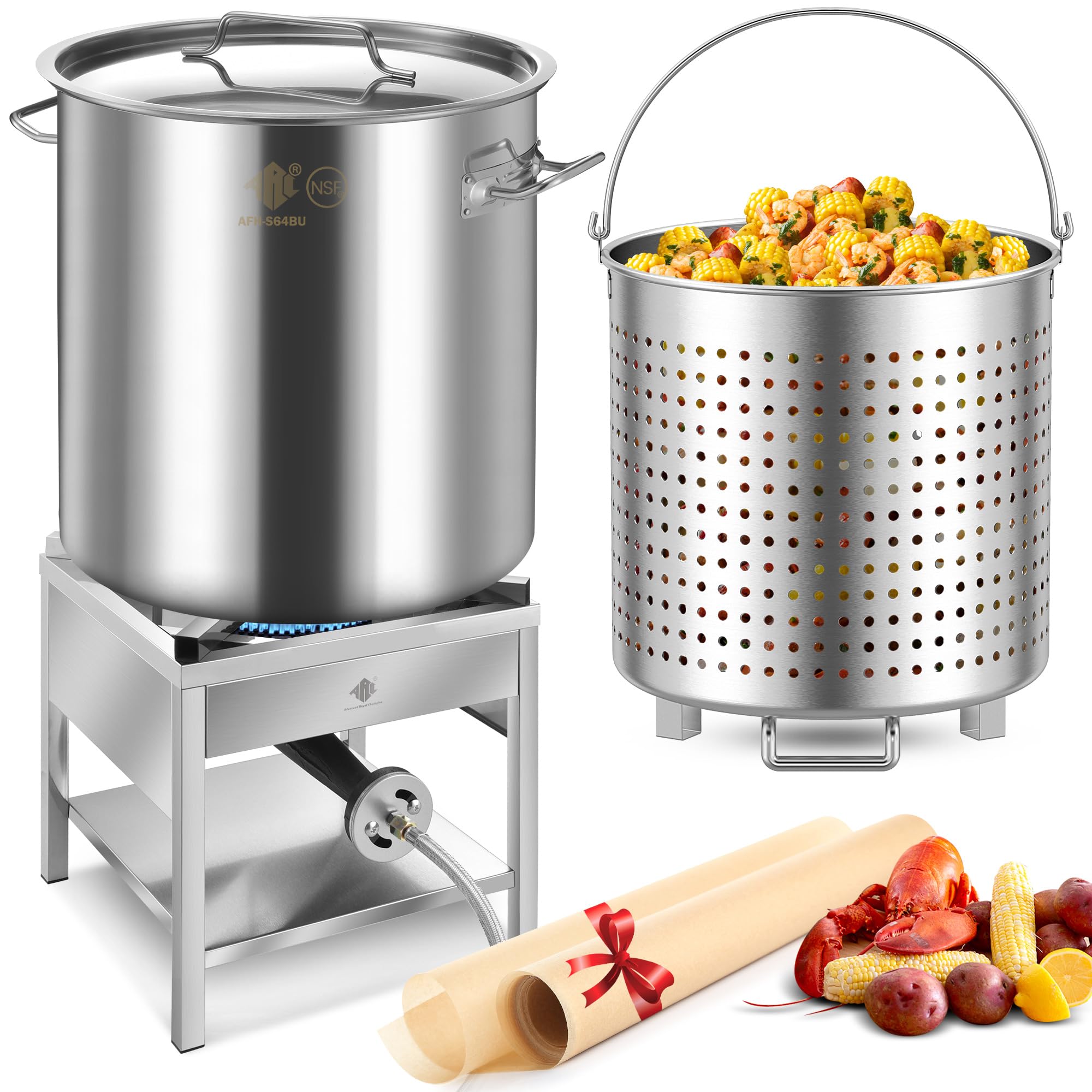 64QT Stainless Steel Seafood Boil Pot with 200,000 BTU Propane Burner & Basket - Outdoor Cooking Pot for Deep Frying, Turkey Fryer, Crab, Crawfish, Shrimp & Lobster Boiling - Perfect for Backyard Parties, Camping & Large Gatherings