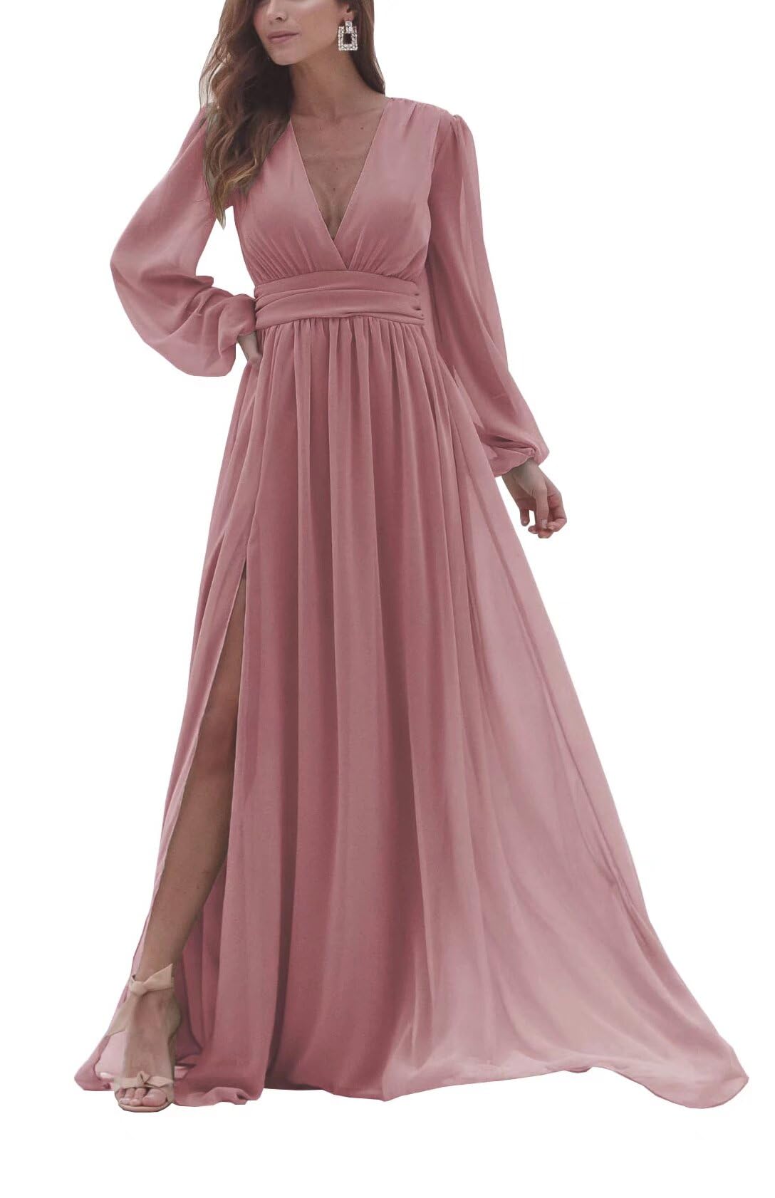 Elegant Long Sleeve V-Neck Chiffon Bridesmaid Dresses with High Slit - Formal Evening Gowns for Women Wedding Guest, Party & Special Occasions
